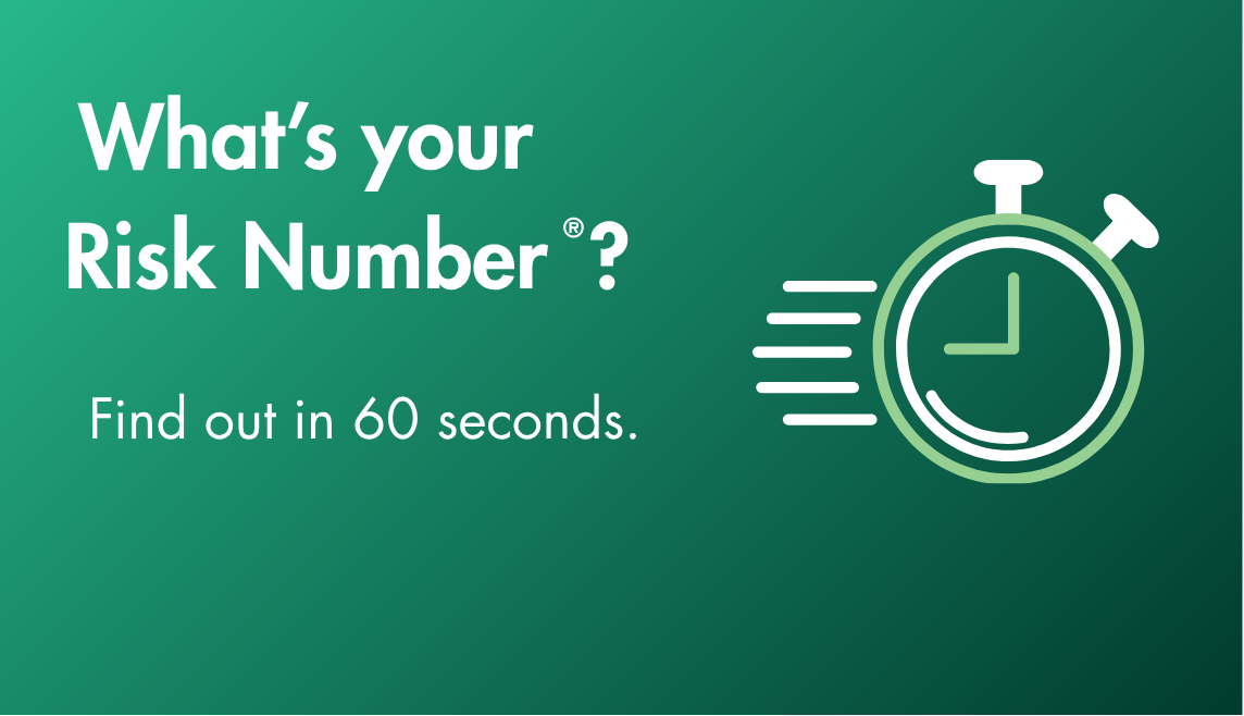 Green background with white text asking "What’s your Risk Number?" and a stopwatch icon indicating time.