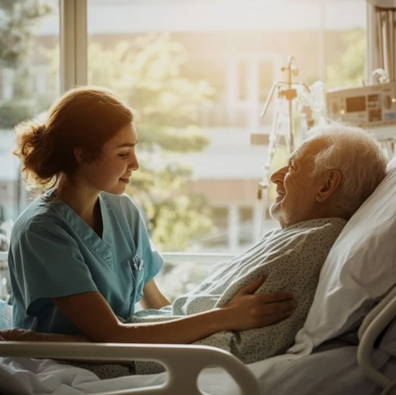 A young nurse gently hands on an elderly male patient in a hospital bed, smiling at each other, with sunlight coming through a large window in the background.