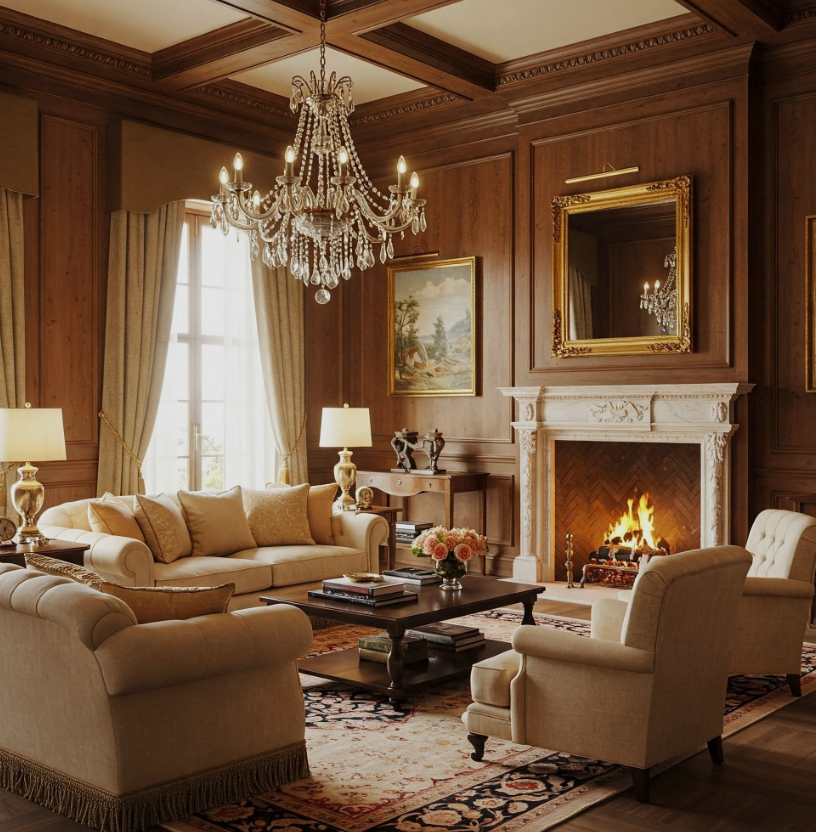 Luxurious living room with wood-paneled walls, a marble fireplace with a fire burning, elegant cream-colored sofas and armchairs, a dark wood coffee table with books and a flower arrangement, large windows with curtains, classical artwork, ringing chandelier, and a mirror above the fireplace.
