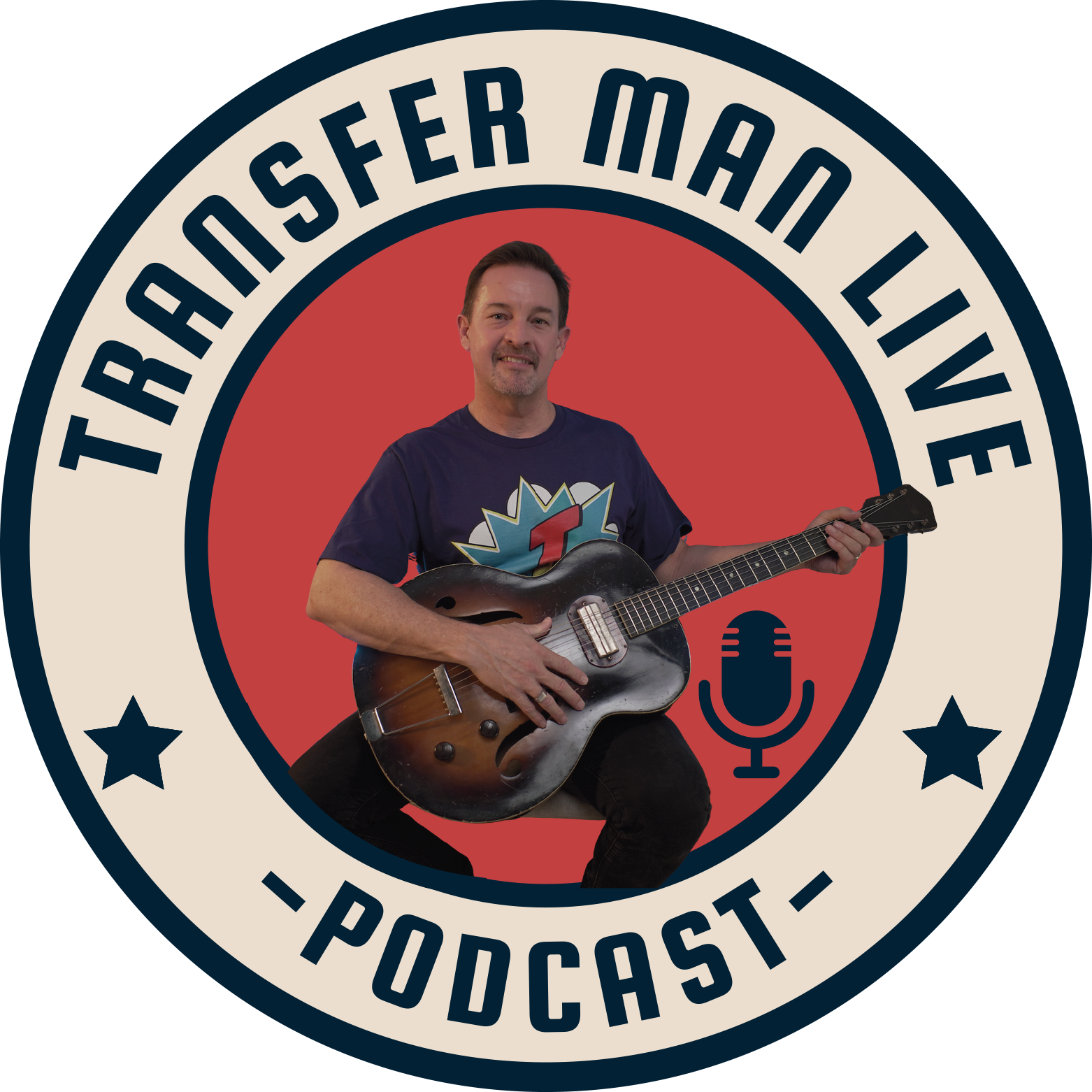 A man holding an electric guitar in front of a podcast logo with microphone and stars