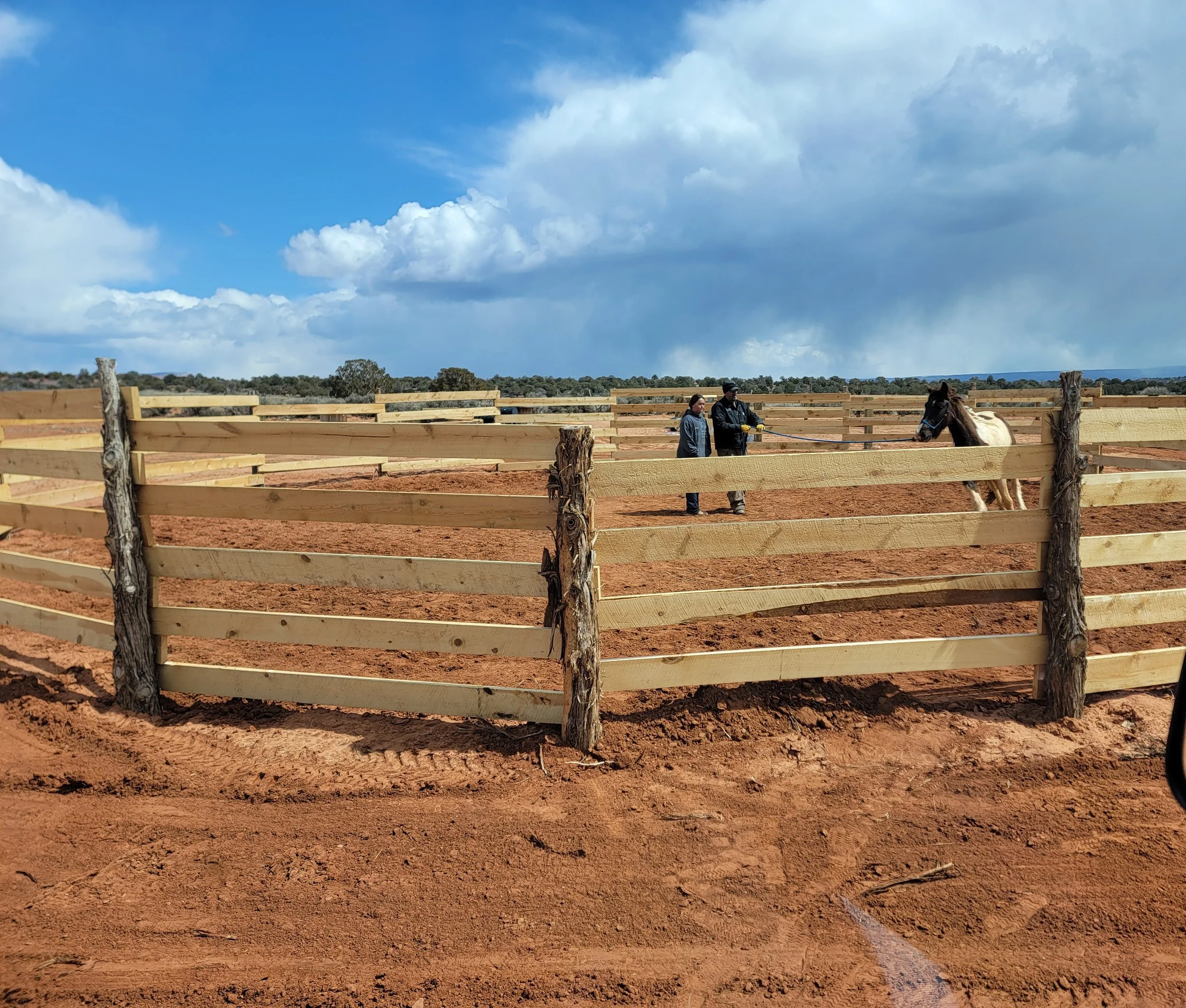 Two people and a horse in a fenced outdoor riding arena under a partly cloudy sky.