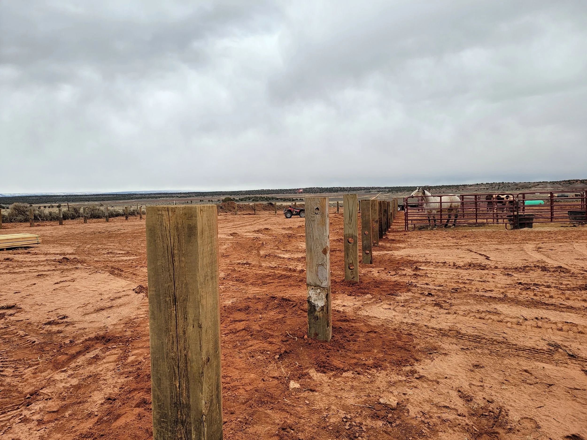 A dirt rode with wooden posts in the foreground and a fenced area with horses, including a white horse and a black-and-white horse, under a cloudy sky.