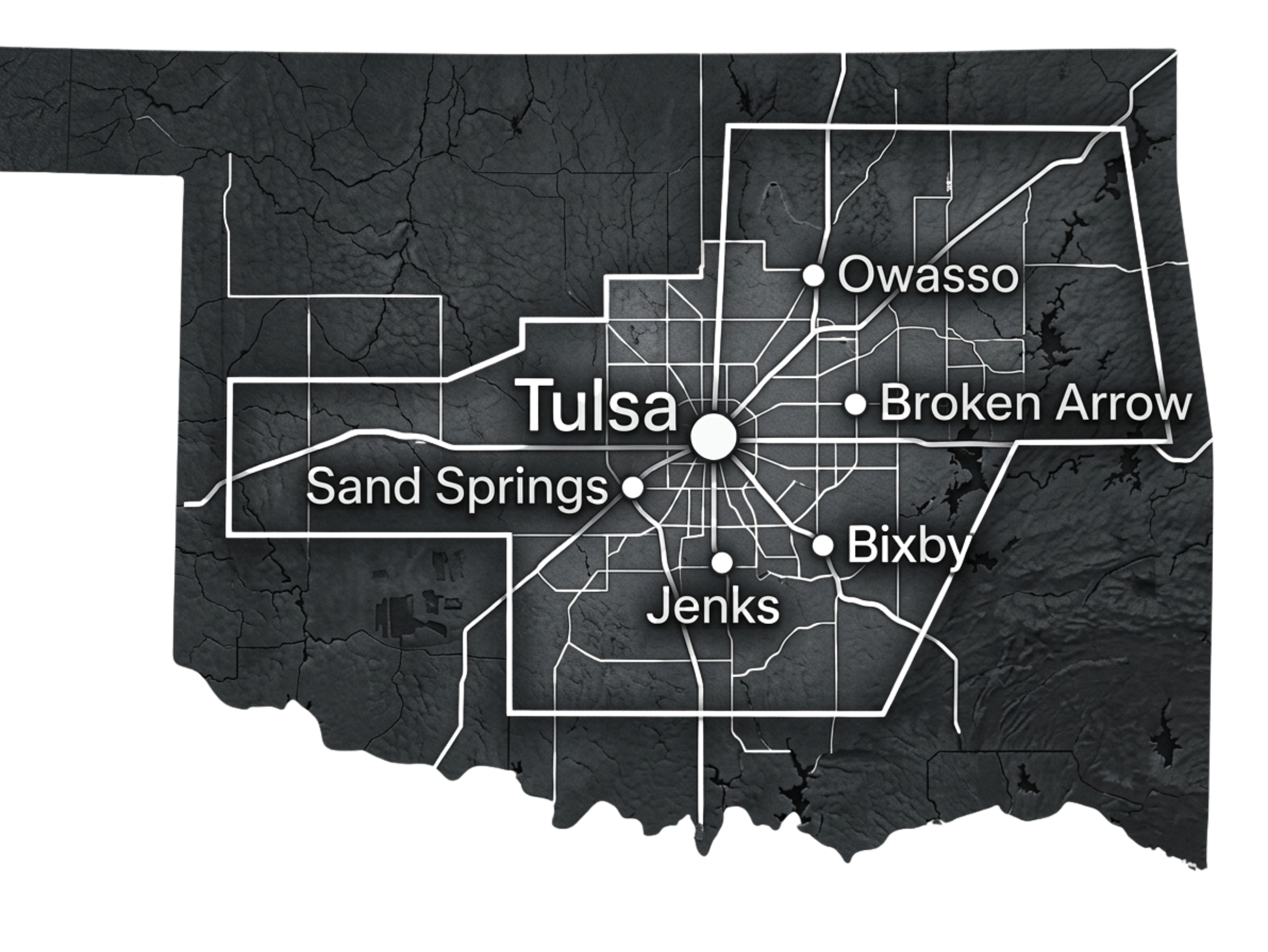 Map of Oklahoma highlighting Tulsa, Owasso, Broken Arrow, Sand Springs, Jenks, and Bixby with prominent street lines and dark textured background.
