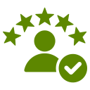 Icon of a person with a checkmark around their head, surrounded by five stars.
