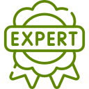 Green cartoon badge with a smiling face, glasses, and the word 'Expert' across the top.