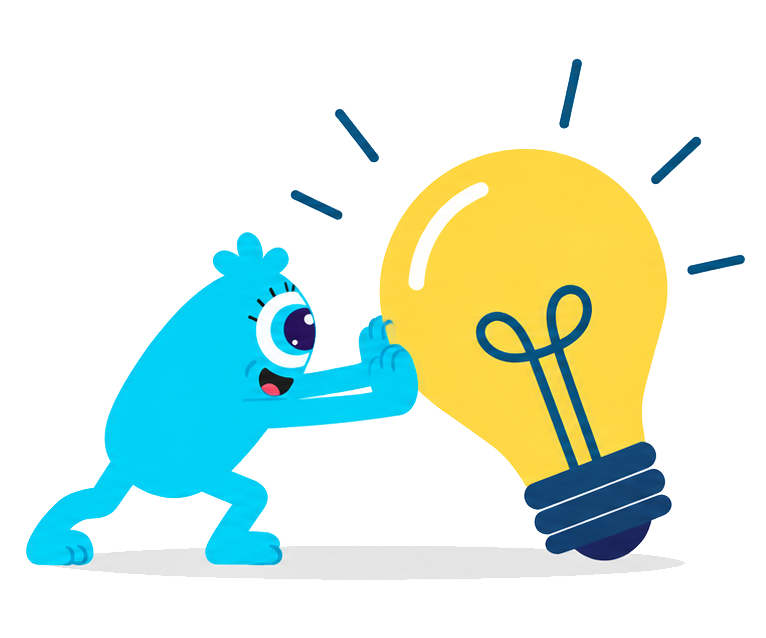 A cute cartoon blue monster with big eyes and a cheerful expression is pushing a large yellow lightbulb forward.