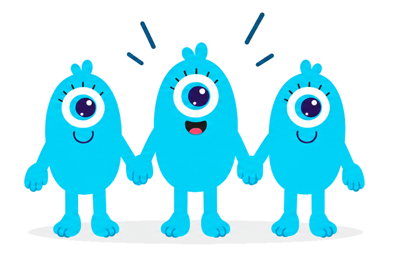 Three blue cartoon monster characters with one eye each, holding hands, standing in front of a glass window.