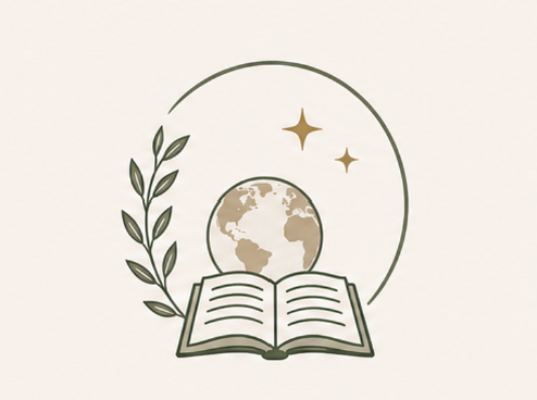 leaves, globe, open book, sparkles