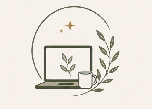 laptop with coffee cup, sparkles, leaves along the right hand side