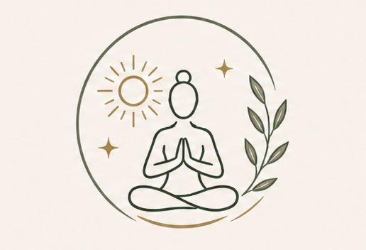 yogi with hands in prayer at heart center, sunshine and sparkles, leaves along right hand side