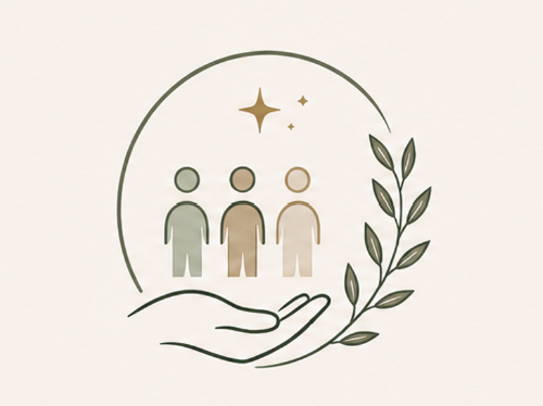 hand holding three people with leaves along the right hand side and sparkles above