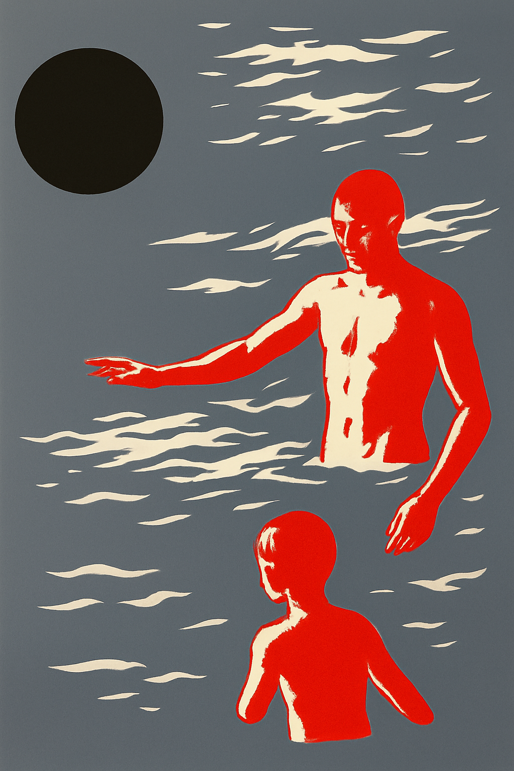 Artwork depicting two stylized human figures, one larger and one smaller, in an abstract water scene with a dark sun in the sky and white clouds or waves in the background.