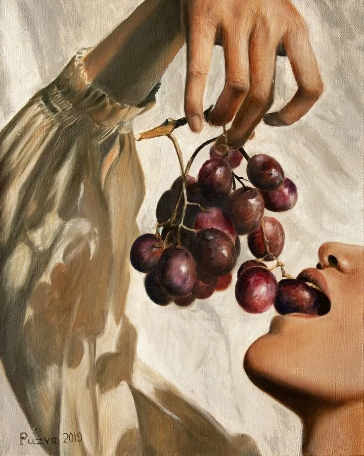A realistic painting of a person with fair skin holding a bunch of purple grapes above their open mouth, appearing to be about to eat one. The person's hand is visible, and they have a short, light-colored hair. The background is plain and light-colored.