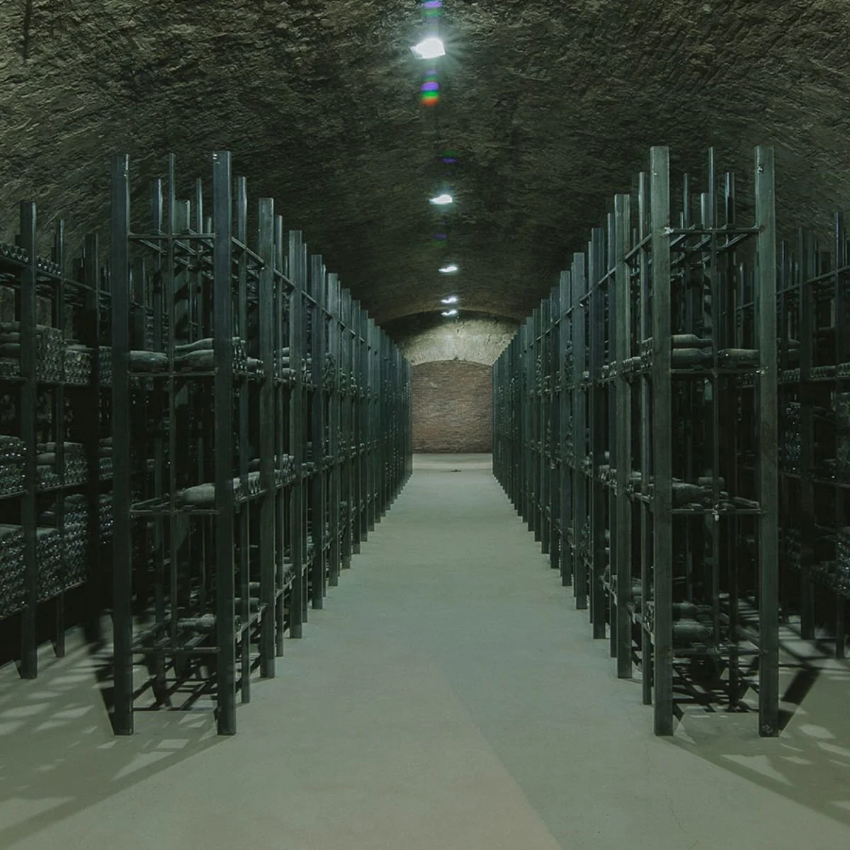 Rows of wine bottles stored on black metal racks inside a wine cellar with arched brick ceiling and bright overhead lights.