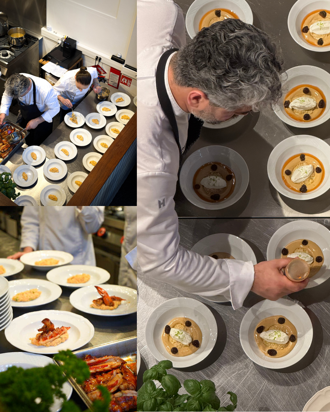 Chefs plating and preparing dishes in a professional kitchen, including bowls of dessert and plates of cooked food.