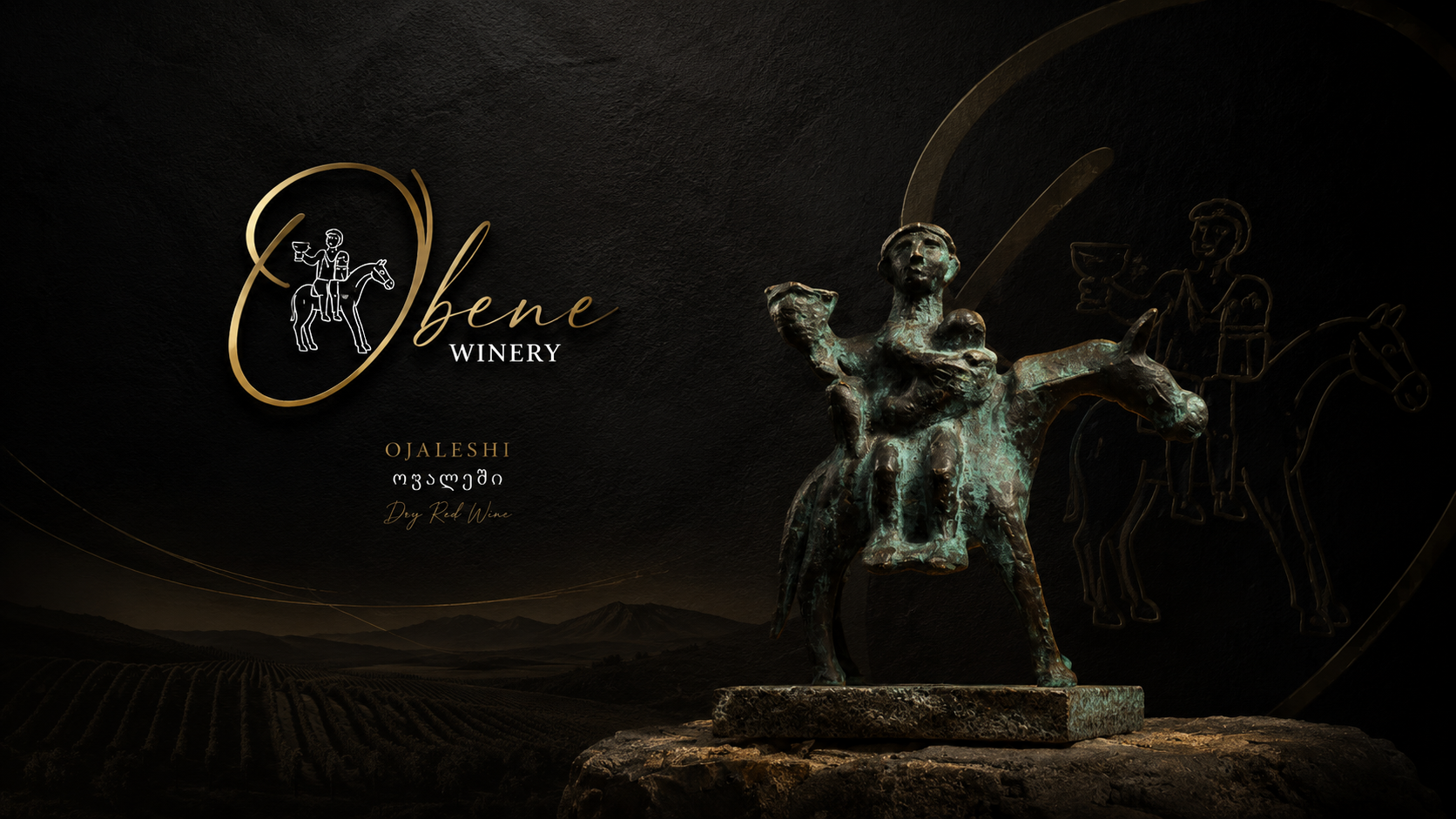 A dark promotional graphic for OjaLeshi Winery featuring a bronze statue of a person riding a cow, with outlines of another person and a cow in the background, and the landscape of vineyards and mountains at the bottom.