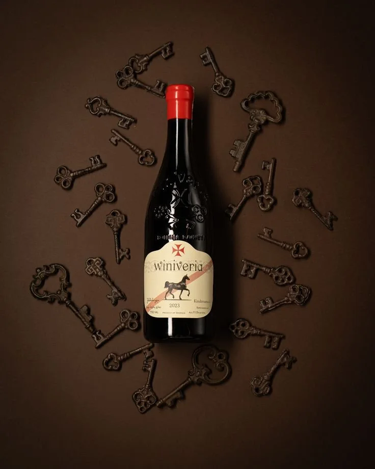 A bottle of red wine labeled 'Winiveria' with a horse illustration, surrounded by vintage keys arranged in a circular pattern on a dark surface.