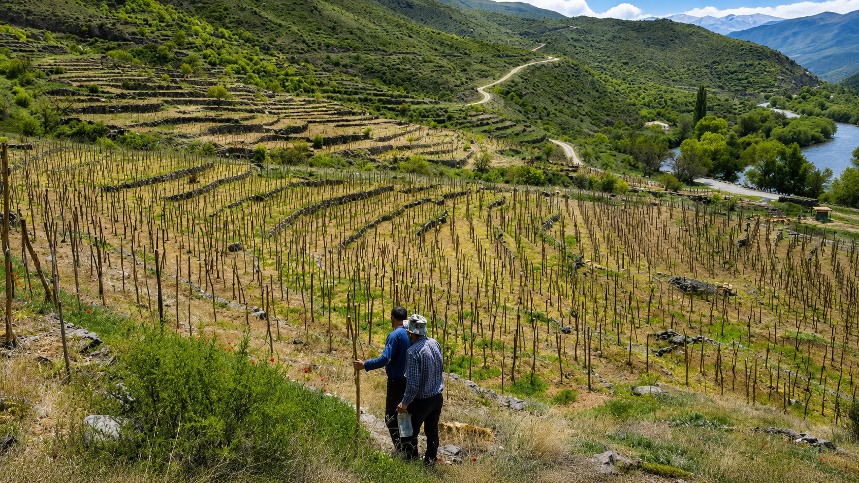 Two men walking through a terraced vineyard on a hillside with a river and mountains in the background.