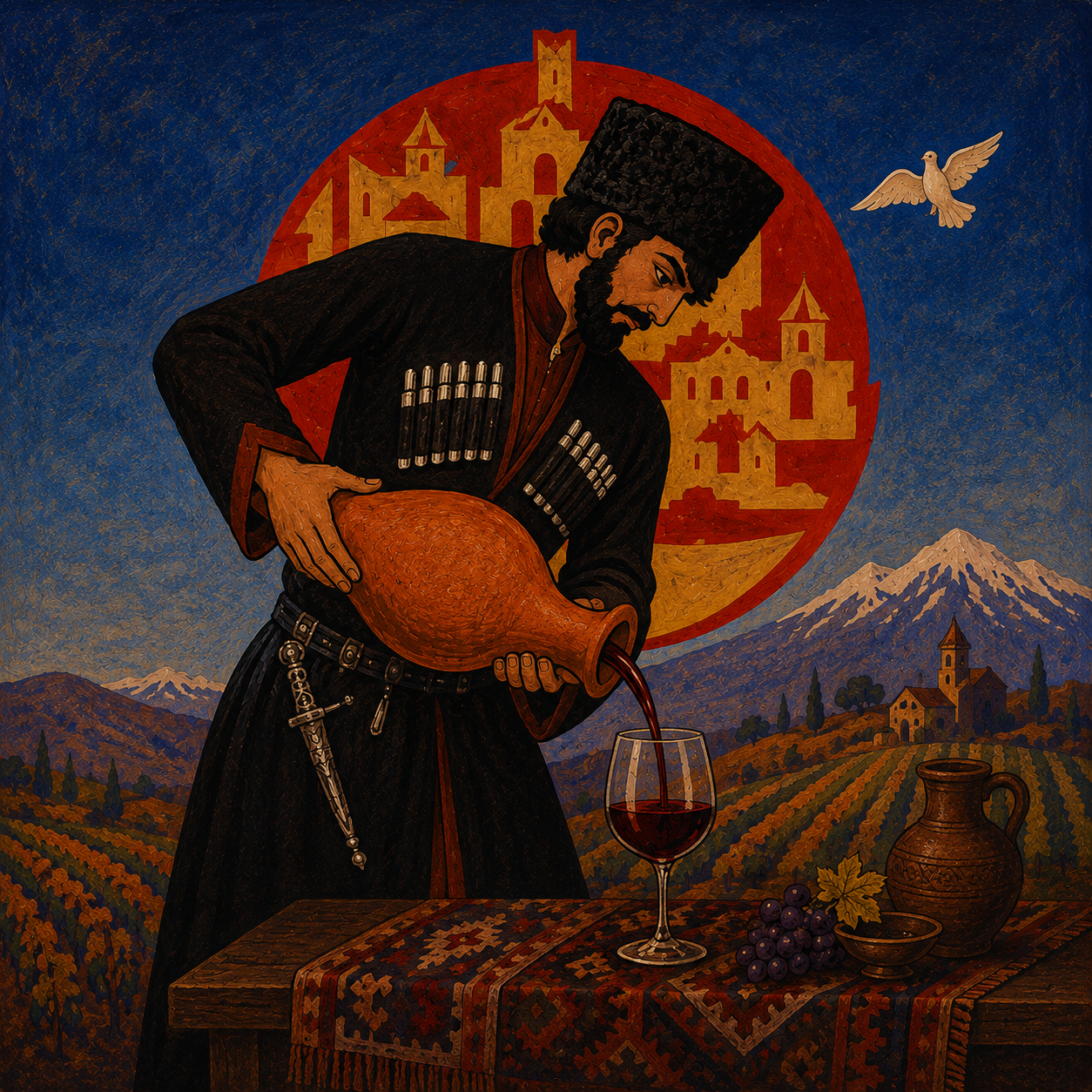 A man wearing traditional Caucasian attire pouring red wine into a glass on a table with a cluster of grapes and a clay pitcher, set against a landscape of mountains, wine fields, a church, and a large red and yellow emblem of a castle with a dove flying nearby.