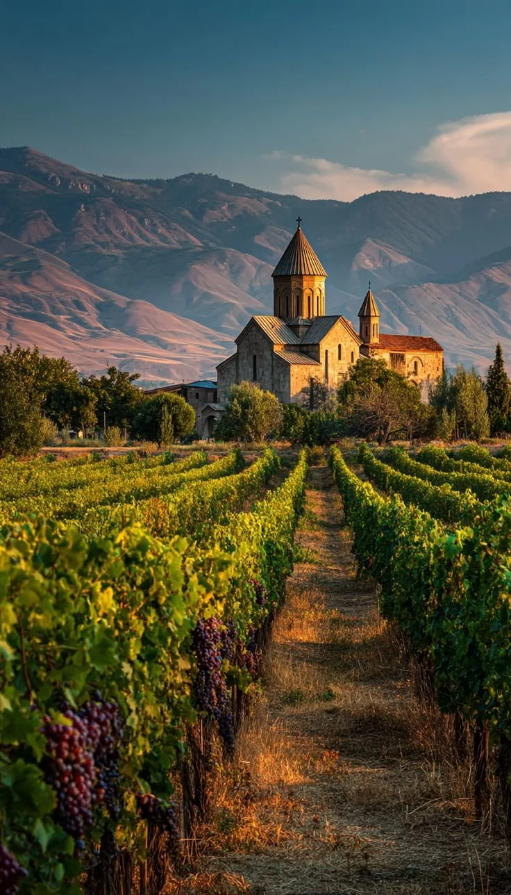A vineyard with rows of grapevines in the foreground, a historic church with a tall steeple in the middle ground, and mountain ranges in the background, captured during sunset.