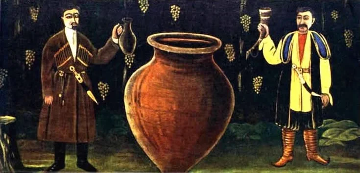 Painting of two men dressed in historical clothing holding glasses, standing next to a large clay pot, with grapevine motifs in the background.