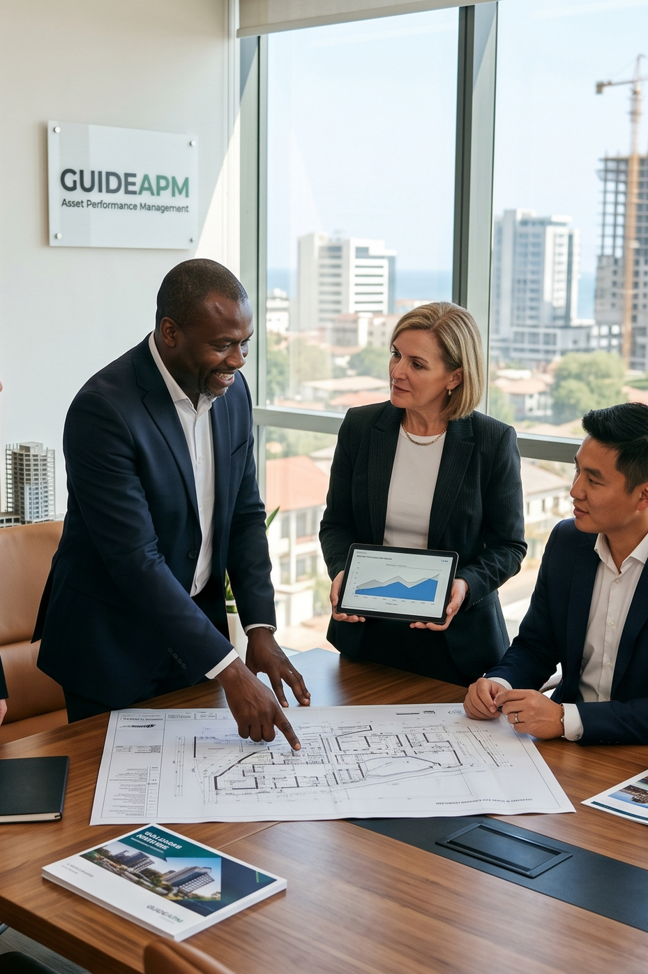 Business meeting with diverse professionals examining architectural plans and charts in a high-rise office with city view.
