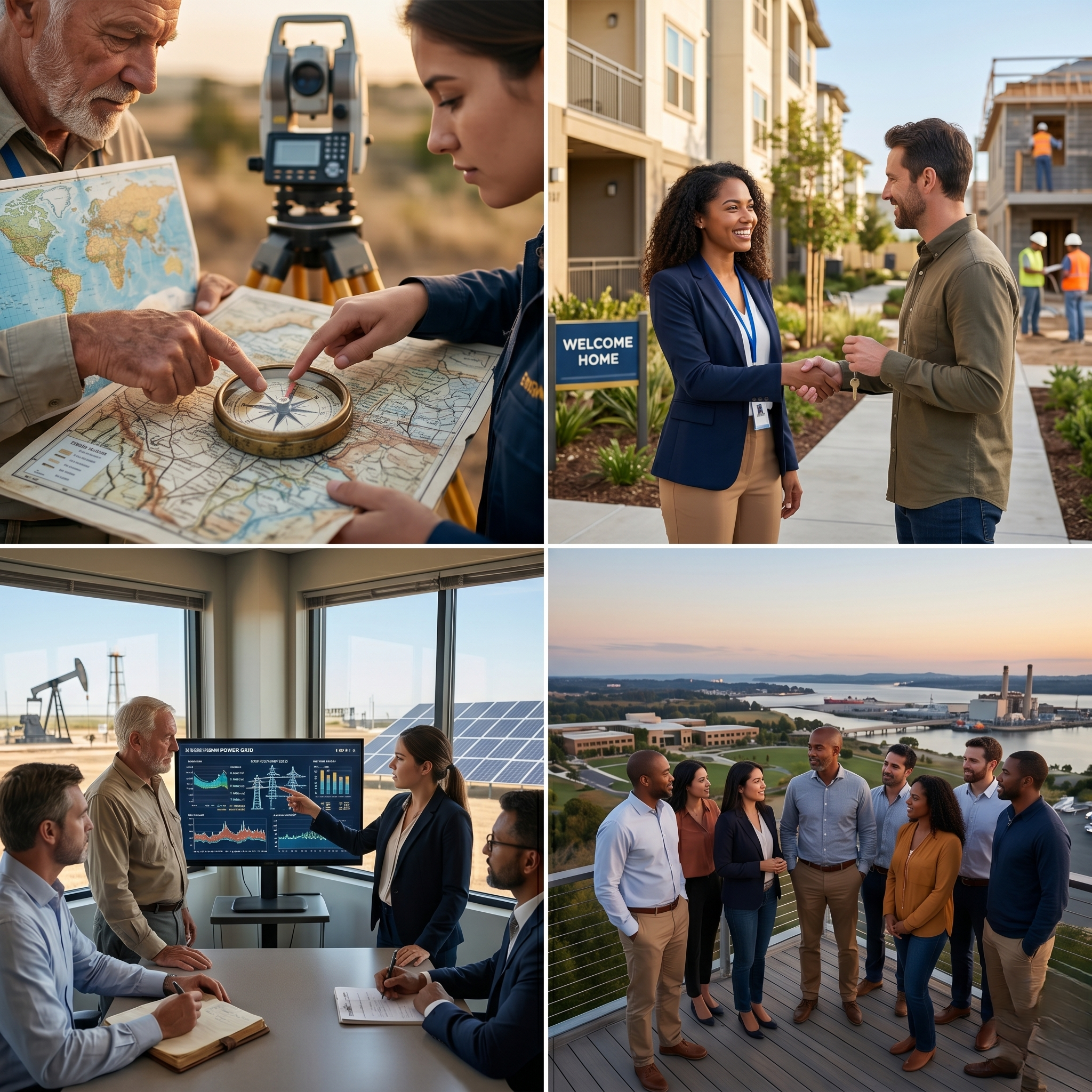 Four scenes showing energy and environmental development. The first scene shows an elderly man and a young woman in a desert, examining a world map and a compass, with a telescope in the background. The second scene shows a woman in a blazer shaking hands with a man on a residential street, with construction workers and houses in the background. The third scene shows a man and a woman in a conference room with solar panels and wind turbines outside the window, presenting data on a screen. The fourth scene shows a group of diverse people standing on a balcony with a city and water view, engaging in a discussion.