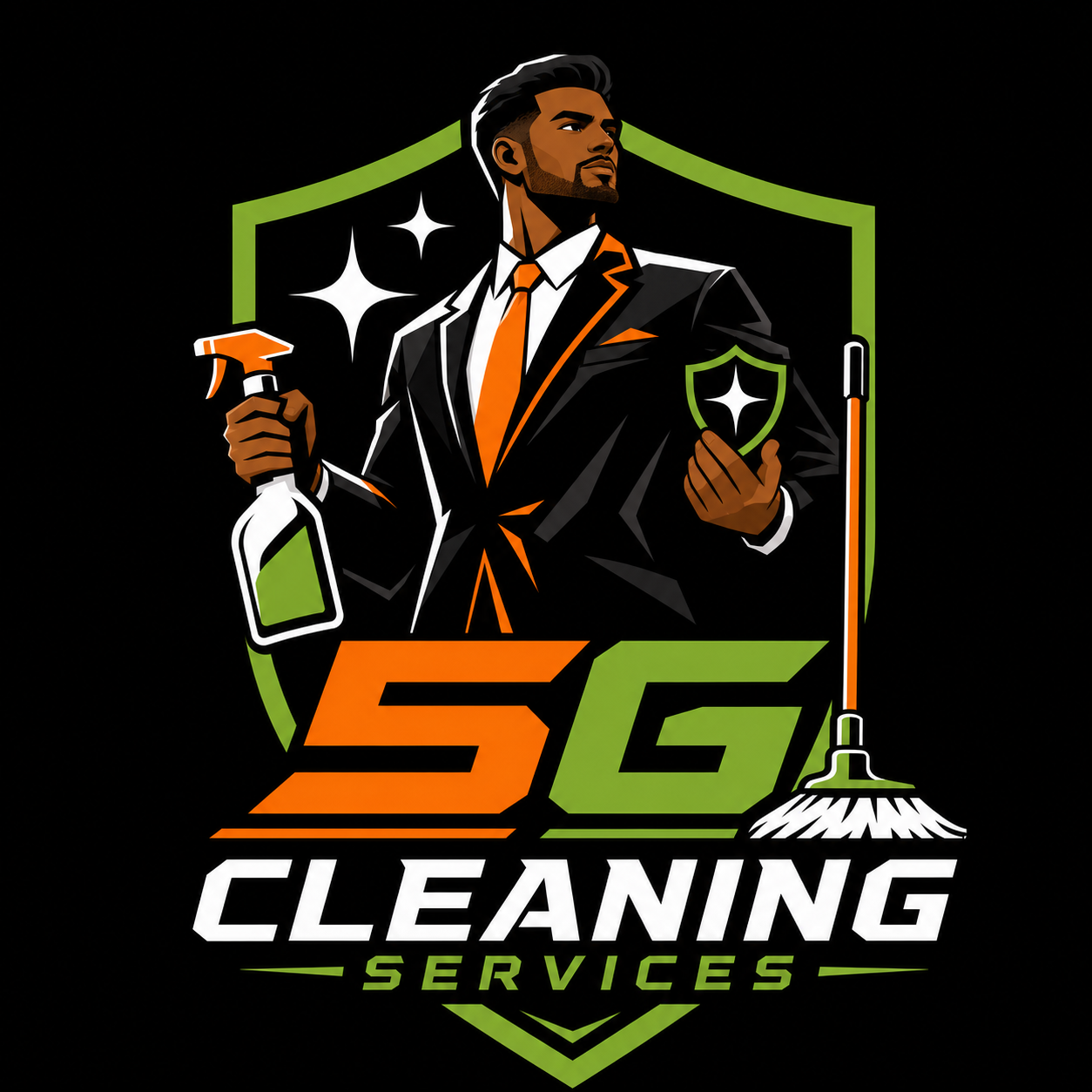 A logo for 5G Cleaning Services featuring a man in a business suit holding a spray bottle and a shield, with cleaning tools around him and the company name below.