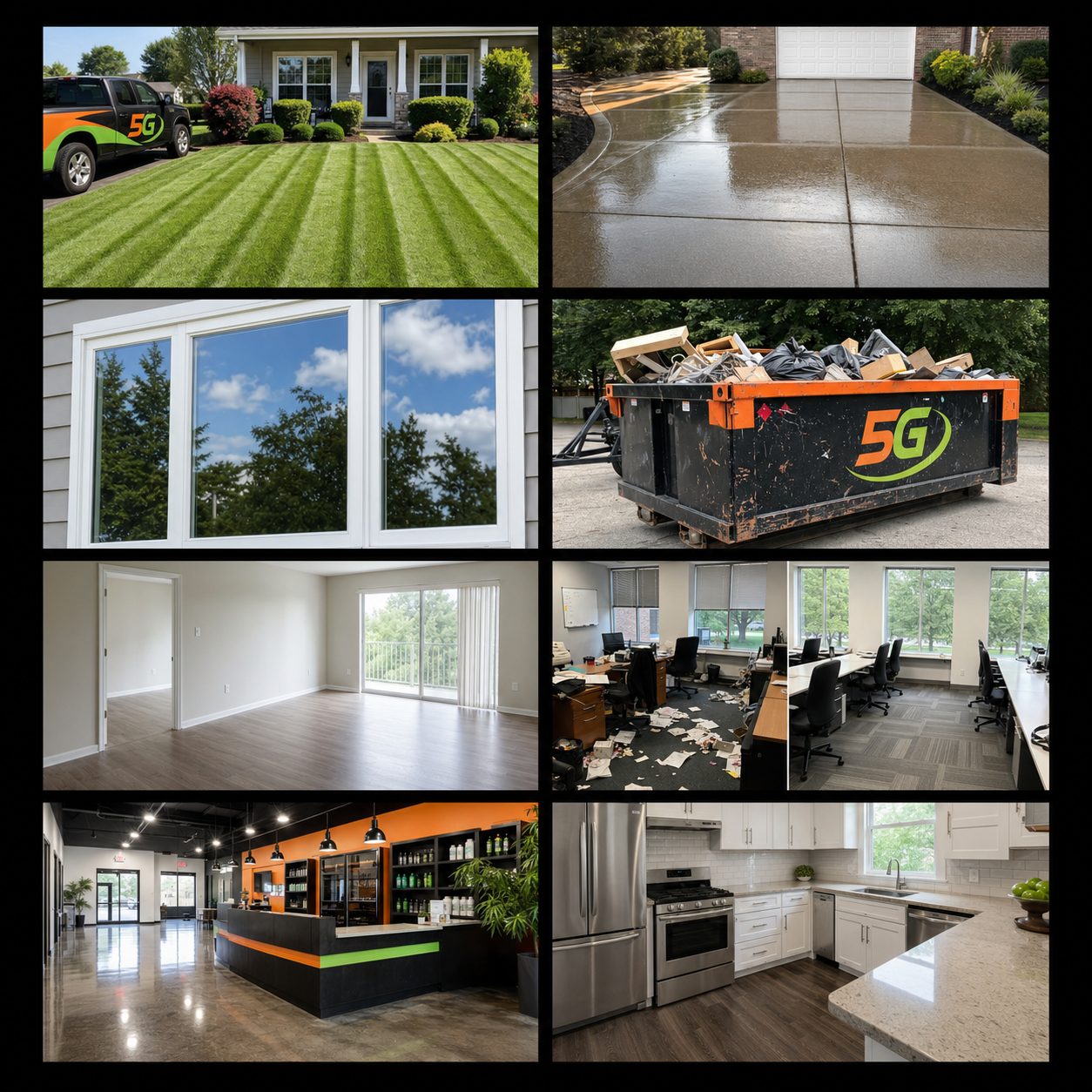 A collage of images showing a residential property with a lawn, driveway, window reflecting trees, an empty room, a messy office, a modern office space, a community center, and a kitchen.