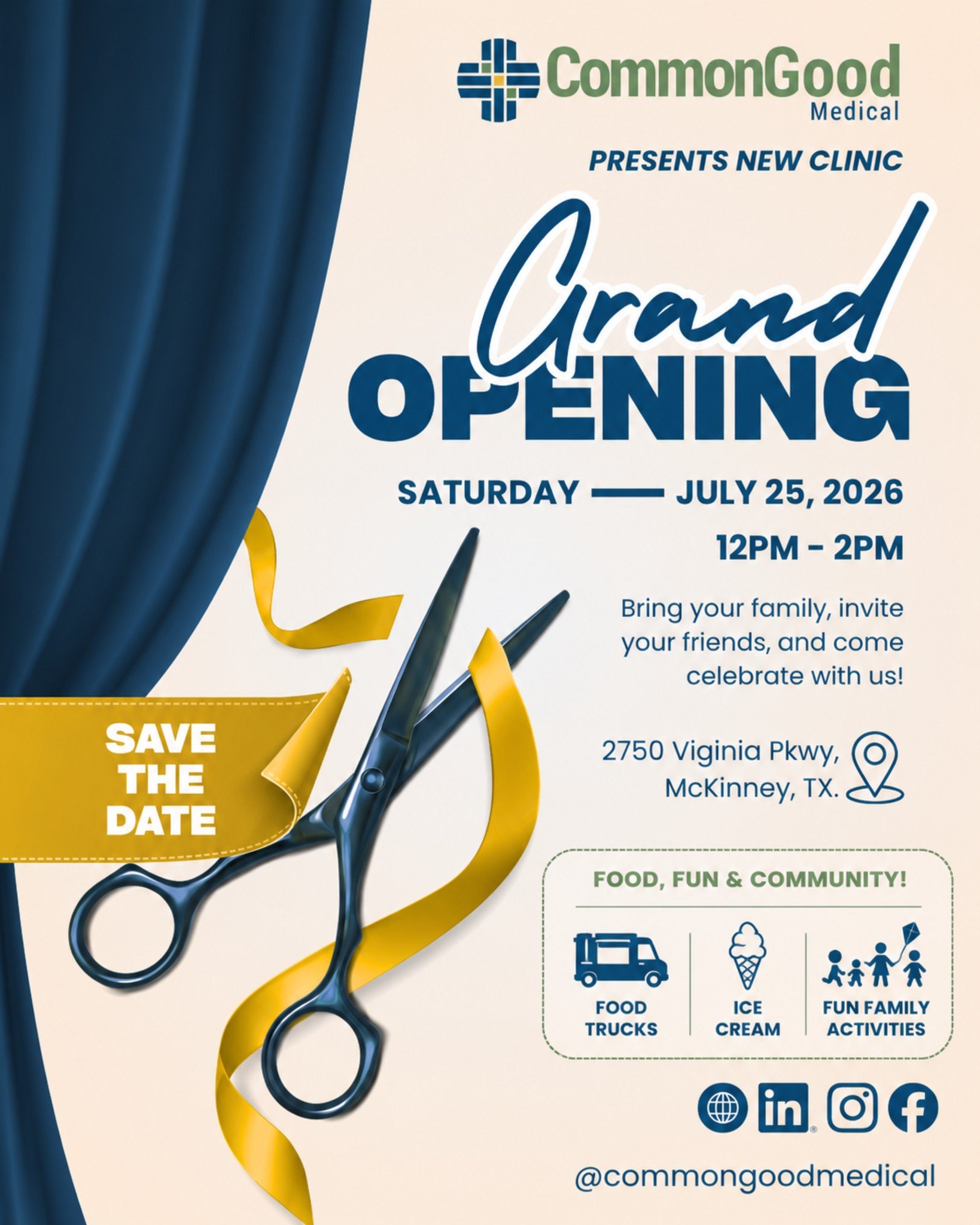 🎉 It's TOMORROW! 🎉

We're so excited to welcome you to our FREE Grand Opening Celebration at CommonGood Medical!

Join us as we celebrate this exciting new chapter and officially open the doors to our new clinic home.

📅 Tomorrow, Saturday, July 2