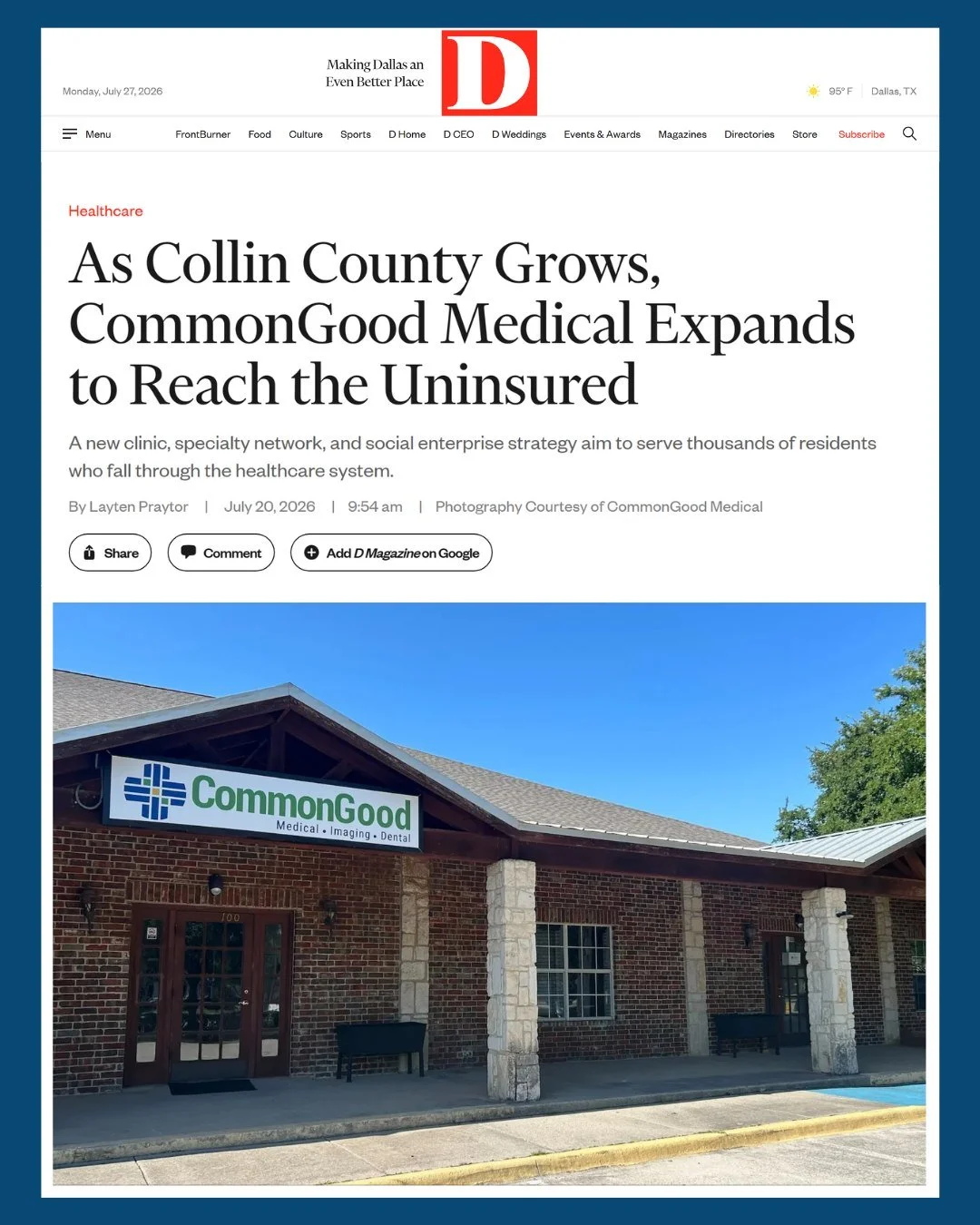 We are honored to be featured by @dceomagazine , a publication of @d_magazine  Partners.

A special thank you to Layten Praytor for taking the time to tell the story of CommonGood Medical and the growing healthcare gap facing uninsured neighbors in C