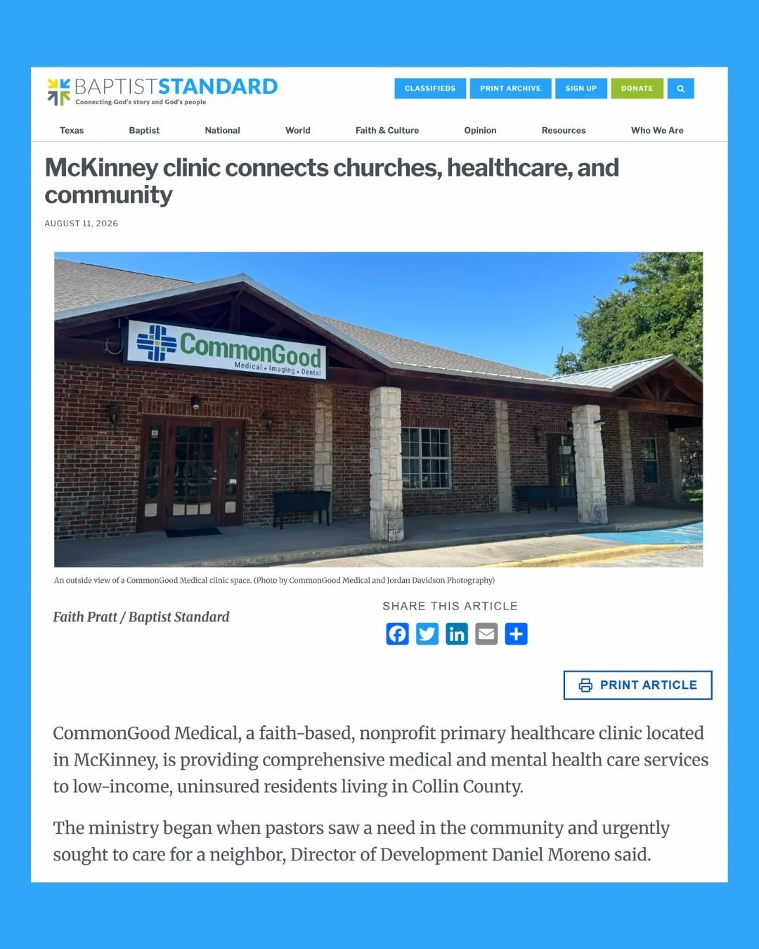 We&rsquo;re grateful to @baptiststandard for taking the time to share the story of CommonGood Medical and our mission to care for uninsured neighbors across Collin County. 💙

A special thank you to Faith Pratt for the thoughtfulness, time, and care 