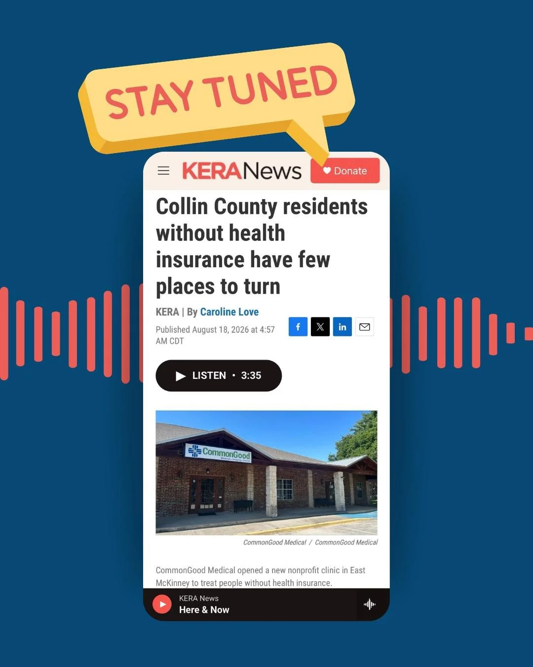 Stay tuned! 📻 

CommonGood Medical is hitting the airwaves on KERA today!

We&rsquo;re incredibly grateful for the opportunity to share more about our mission, the neighbors we have the privilege of serving, and how our community is coming together 