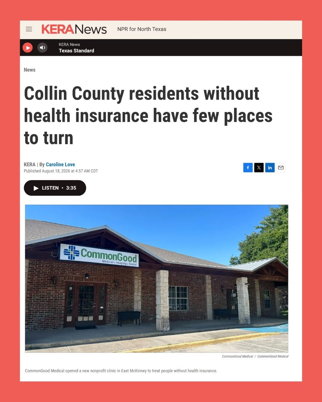 We&rsquo;re grateful to KERA News for taking the time to share the story of CommonGood Medical and shine a light on an important reality in our community: too many of our Collin County neighbors are living without health insurance and have few places