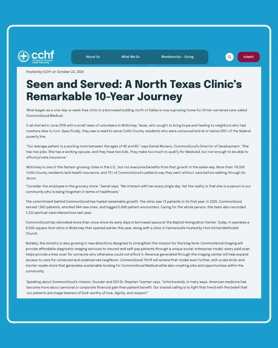 We're honored to be featured by Christian Community Health Fellowship (CCHF) for the very first time! 💙

A HUGE thank you to Eileen O'Gorman for taking the time to thoughtfully tell CommonGood Medical's story and shine a light on the work happening 