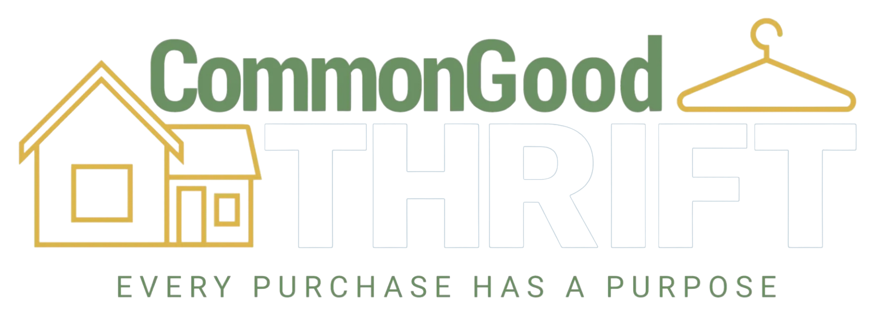 The logo for 'Common Good Thrift' features the words 'Common Good' in large green text above 'THRIFT' in large white and gray text. There are two illustrated houses on either side of 'THRIFT', one on the left with a red door and the other on the right with a blue roof. The phrase 'Every penny is a pro...' appears beneath 'THRIFT', but is cut off and not fully visible.