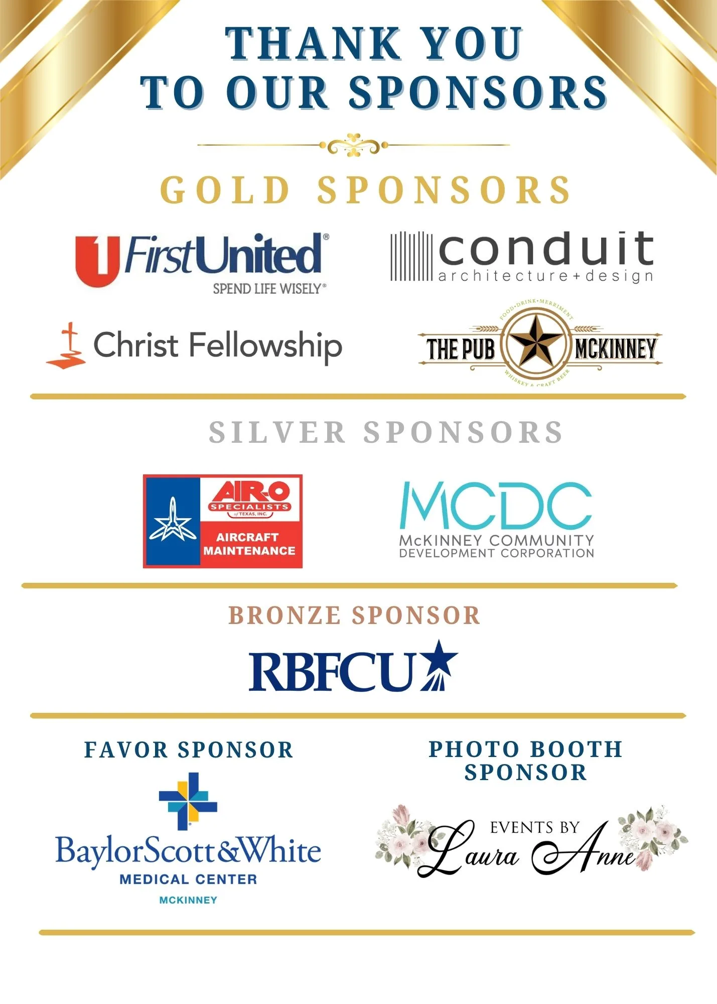 A poster displaying sponsorship acknowledgment for an event. It includes categories for gold, silver, bronze, and favor sponsors, with logos and names of various organizations such as First United, Conduit Architecture + Design, Christ Fellowship, The Pub McKinney, Air Force Aircraft Maintenance, McKinney Community Development Corporation, Baylor Scott & White Medical Center, and Laura Anne Events.