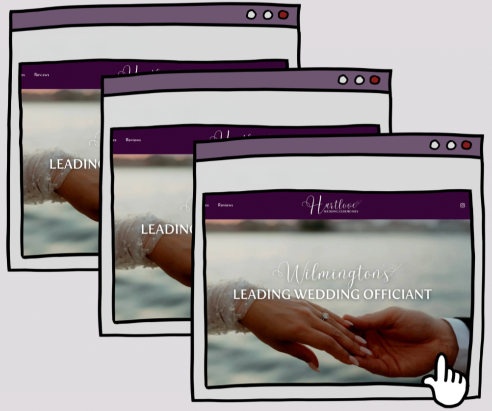 Multiple overlapping browser windows displaying a wedding-themed website with a photo of a bride and groom's hands holding, over a body of water. The website mentions Wilmington's leading wedding officiant.