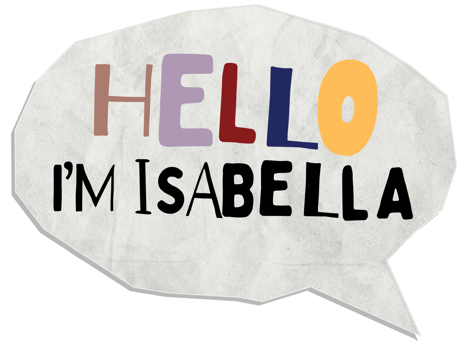A white speech bubble with handwritten text saying "HELLO I'M ISABELLA" in colorful letters.
