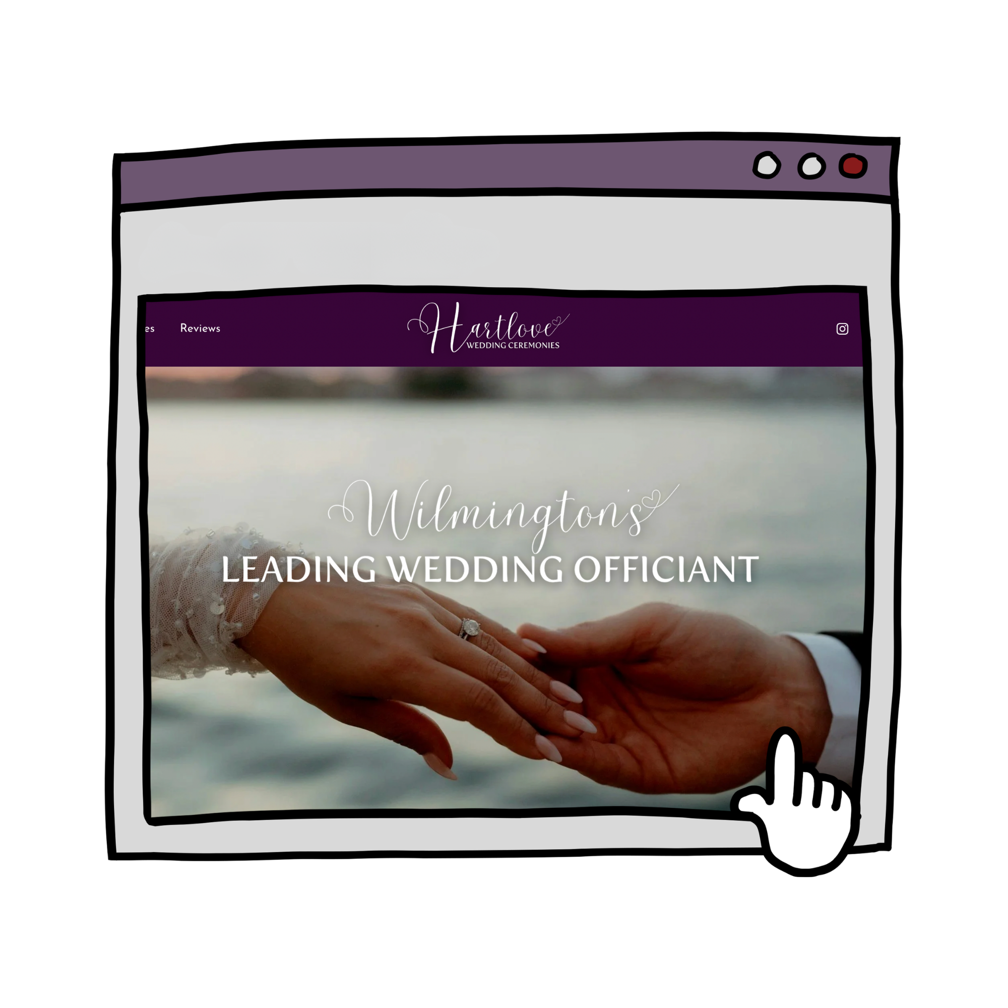 A digital screen displaying a website for Hartlove Wedding Ceremonies, with a background image of two clasped hands. click to view website