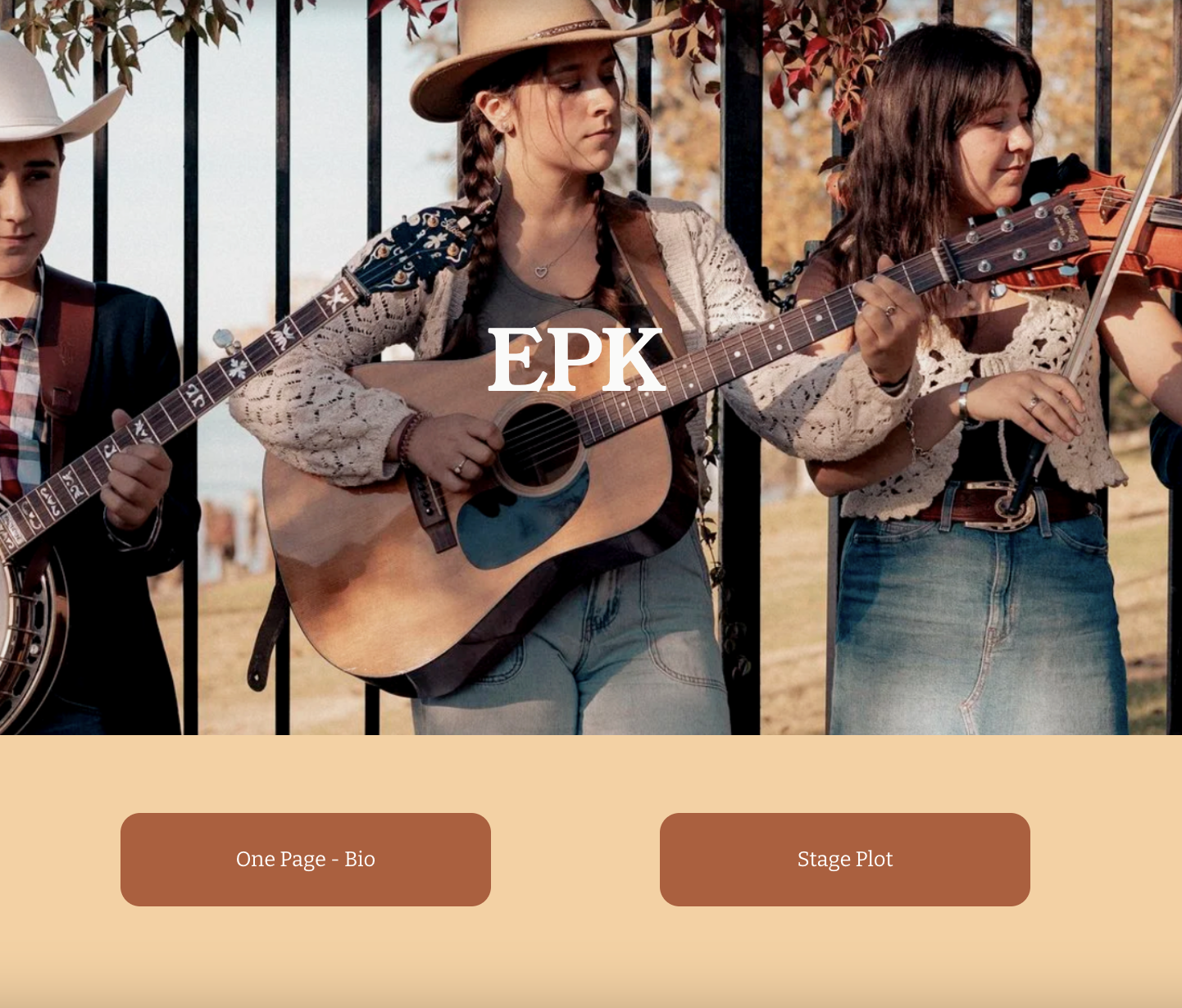 Group of young musicians playing musical instruments outdoors, with trees and a fence in the background. Click to view the website.