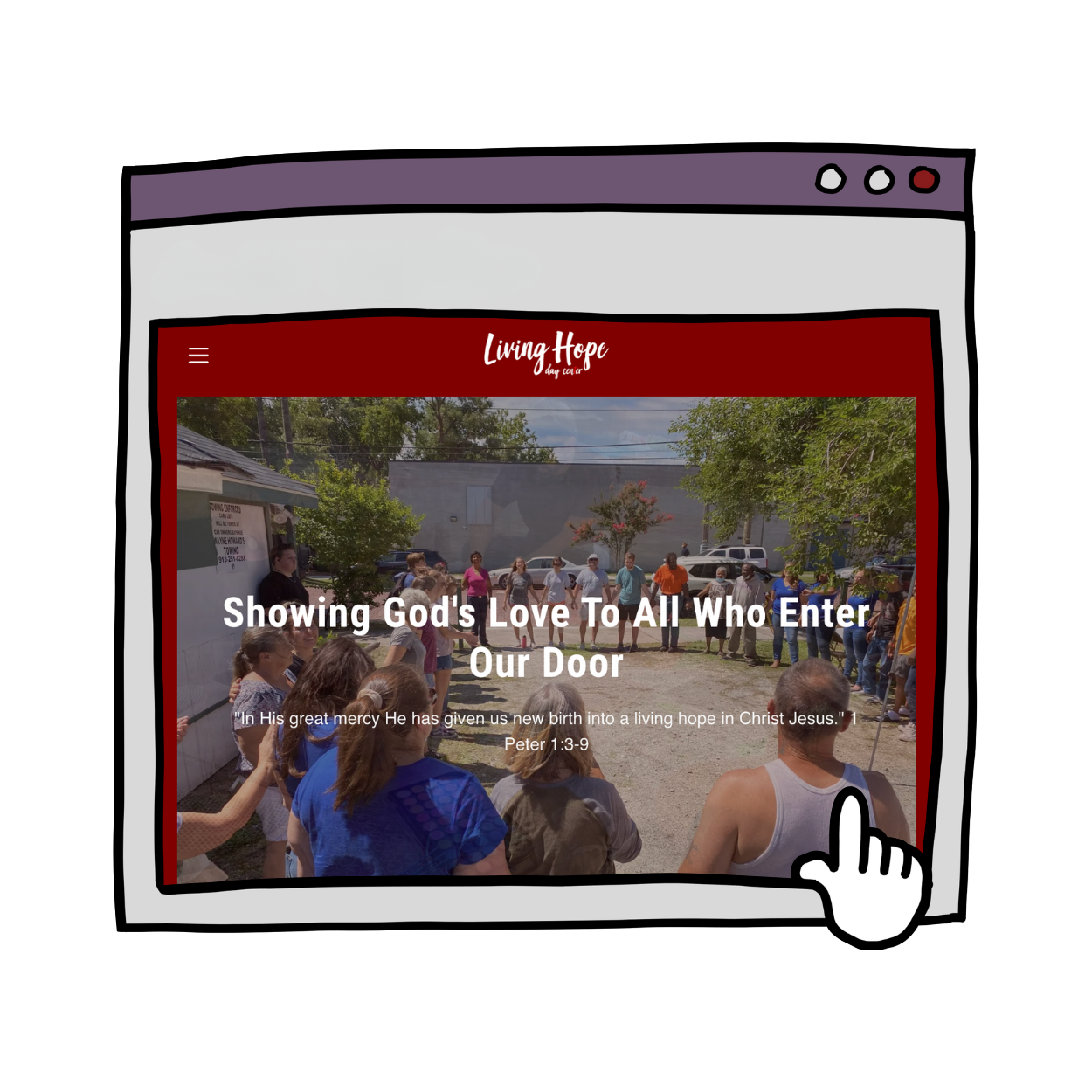 A digital illustration of a tablet screen displaying the homepage of a nonprofit's website, titled 'Living Hope'.  click to view website