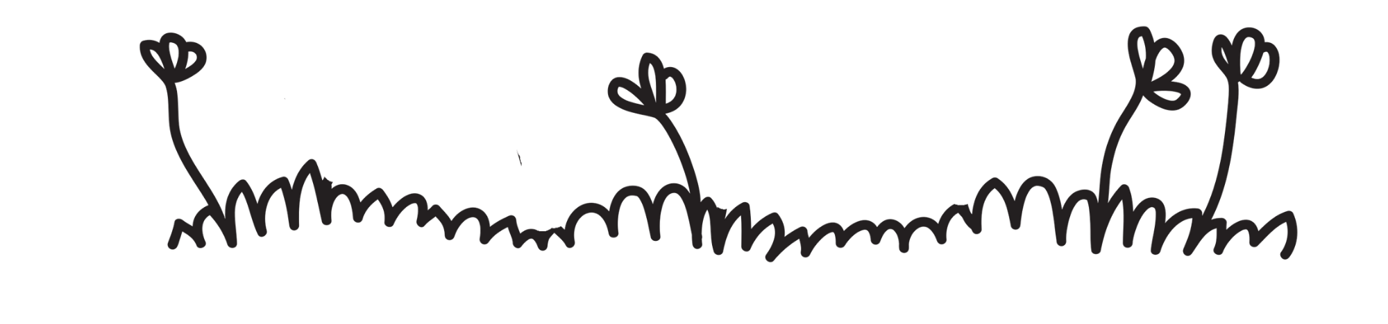 Simple illustration of grass with small plants and flowers growing on it.
