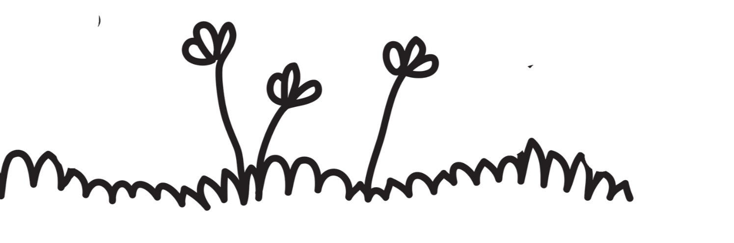 Simple line drawing of grass with small flowers.