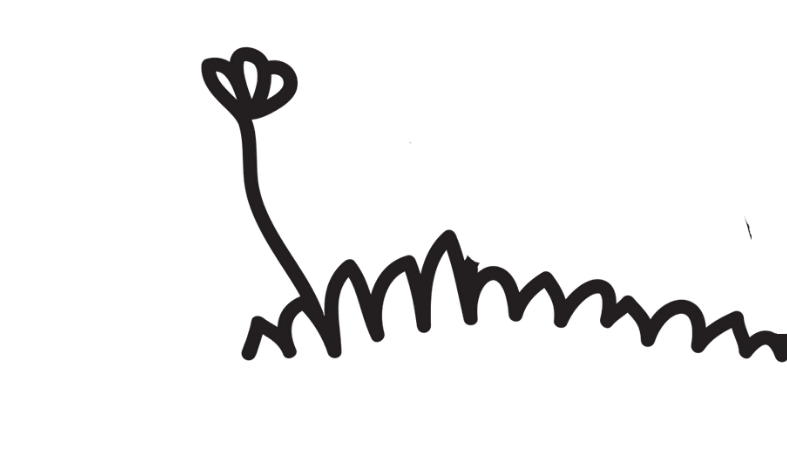 Simple black line drawing of a flower emerging from a patch of grass.