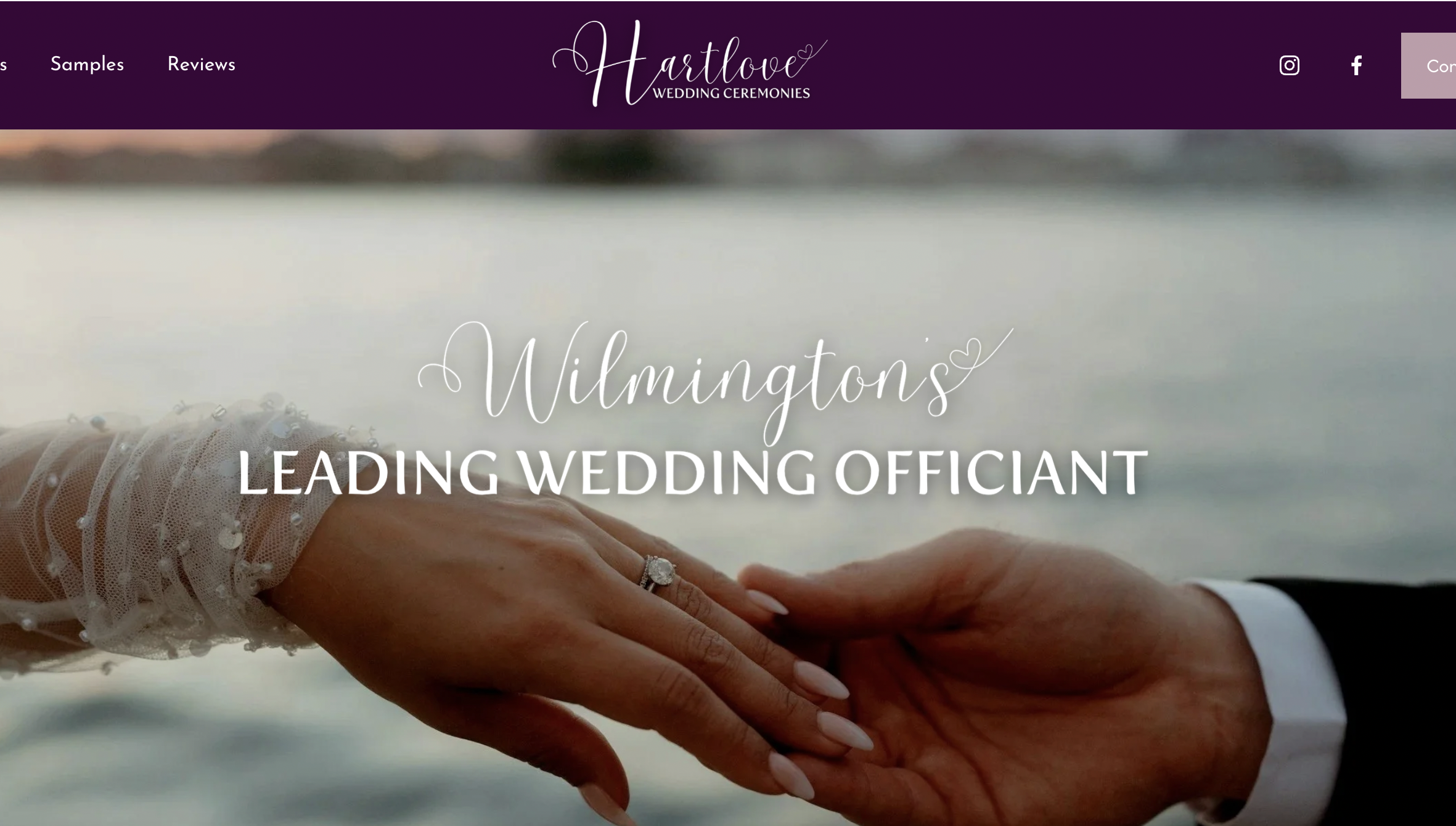 Picture of a website home page. Text reads, "Hartlove wedding ceremonies " and a huge background image of close-up of two hands holding each other. Text over that reads, "Wilmington's leading wedding officiant"