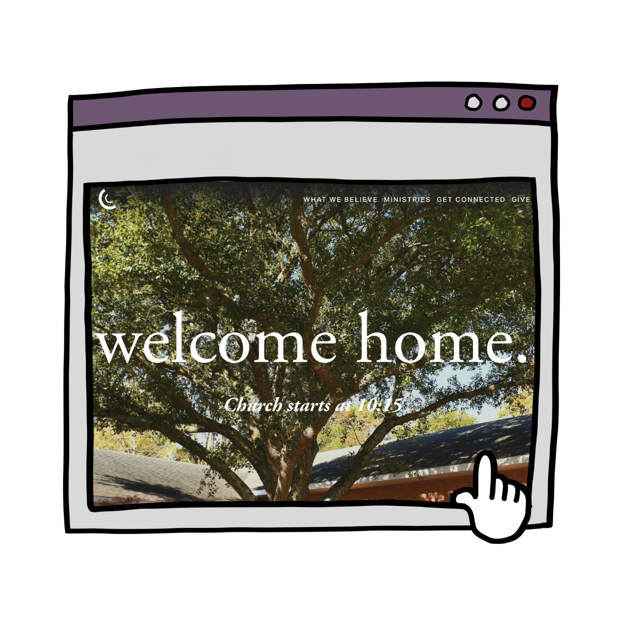 Digital illustration of a computer screen displaying a church website with a large tree in the background. The screen has a hand cursor pointing at the bottom right corner. click to view website