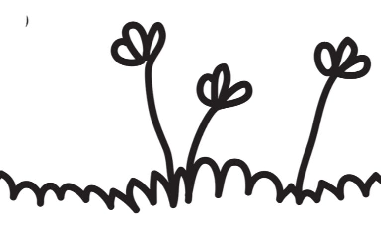 Simple line drawing of grass with small flowers.