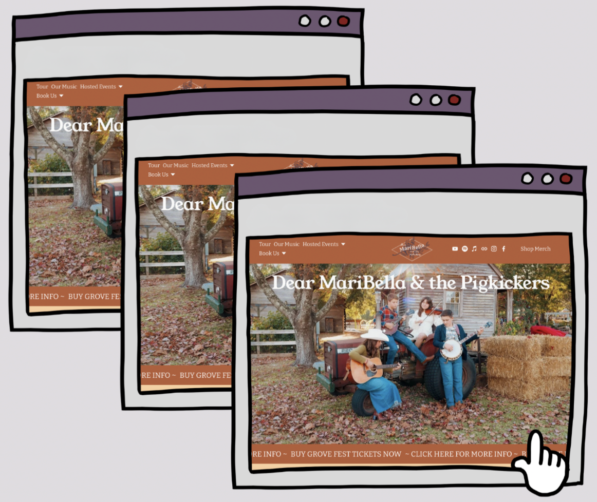 Three overlapping digital webpage mockups with a music event called Dear MariBella & the Pigkickers, featuring a rural outdoor scene with a large tree, fallen leaves, and musicians playing instruments near hay bales.