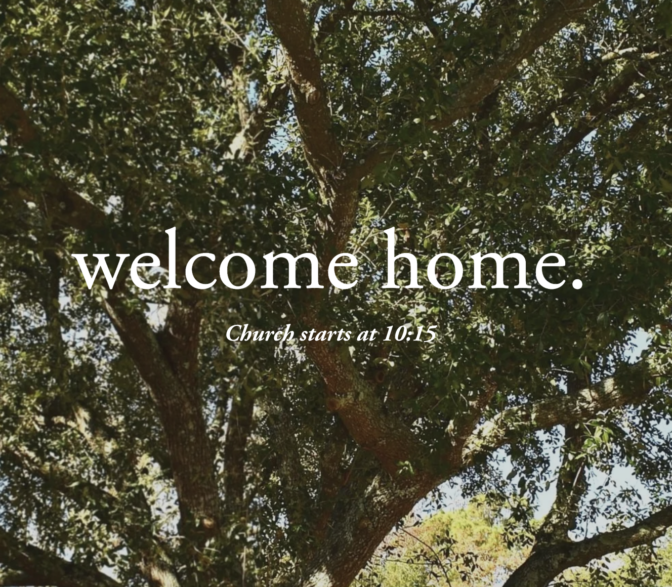 A tree with green leaves and sunlight filtering through, with text overlay saying "welcome home" and a note that church starts at 10:15. Click to view the website.